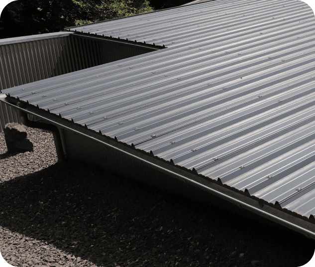 Modern metal roofing with gutters.