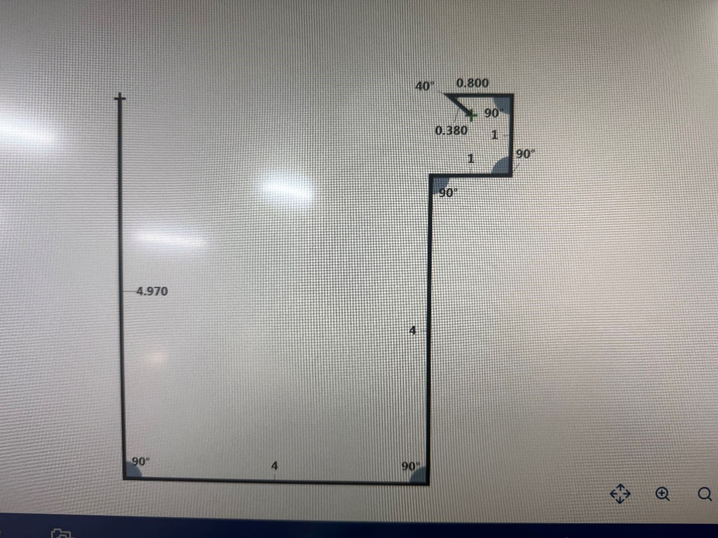 Geometric shape with measurements and angles diagram.