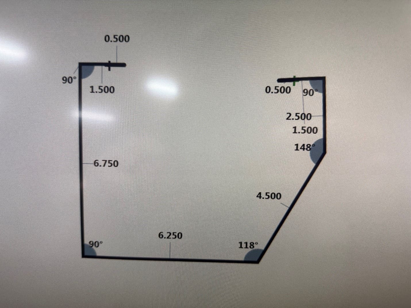 Irregular polygon with side lengths and angles.