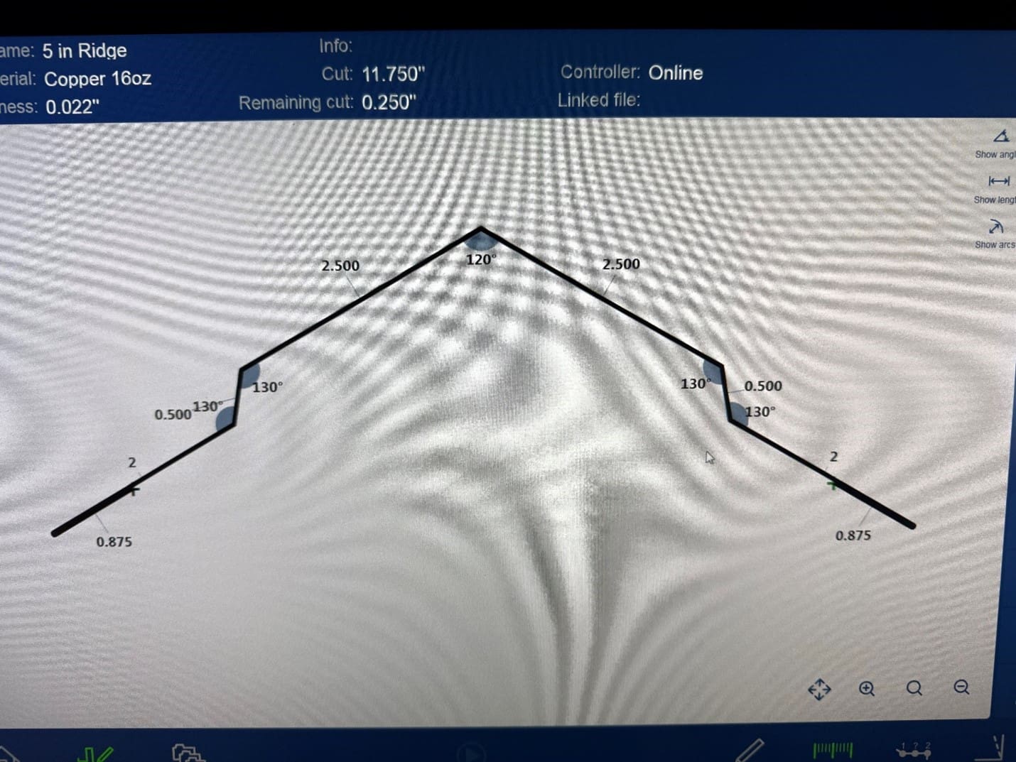 Metal cutting diagram with measurements displayed.